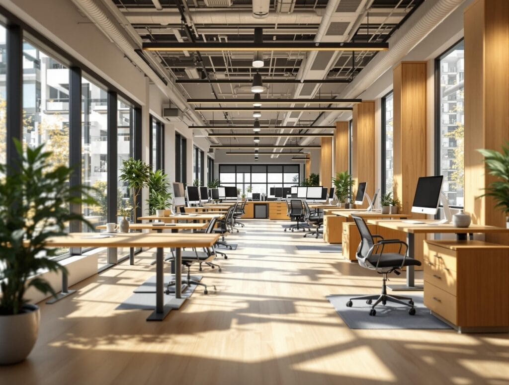 Sitting Disease: How Inactivity Harms Your Body & Mind 13 A photorealistic view of an ergonomic office setup featuring sit-stand and treadmill desks, designed to combat the effects of a sedentary lifestyle.