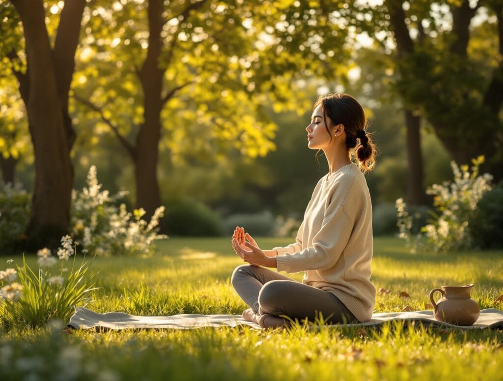 Sitting Disease: How Inactivity Harms Your Body & Mind 14 A lifestyle image capturing the essence of holistic well-being, blending physical activity with mindfulness in a serene outdoor setting.