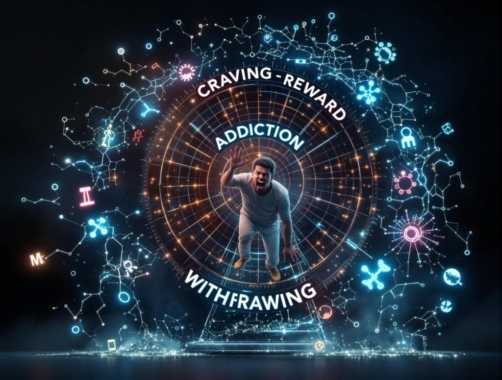 The Science of Addiction: 7 Proven Ways to Break Free 12 A person trapped in a hamster wheel labeled ‘Craving → Reward → Withdrawal’, illustrating the cycle of addiction.