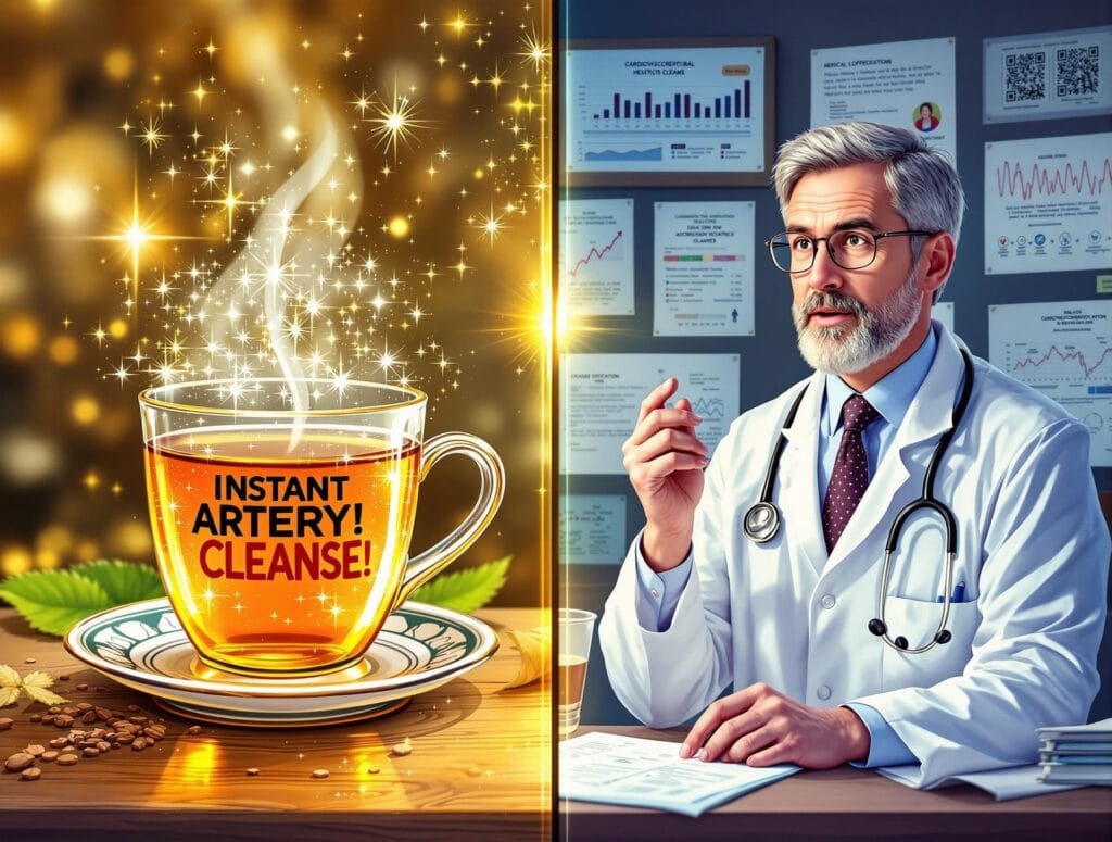 Reverse Clogged Arteries? Here’s What Science Says 12 A side-by-side comparison of a glowing detox drink with false health claims versus a doctor explaining real arterial health backed by scientific research.