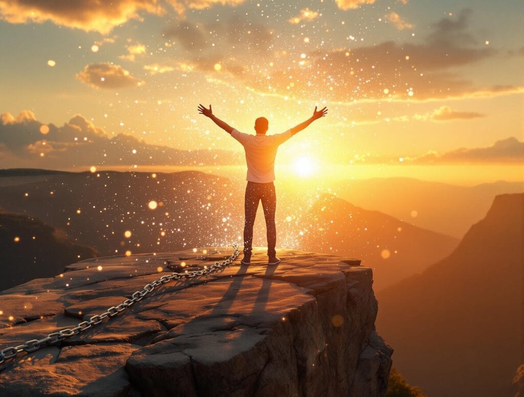 The Science of Addiction: 7 Proven Ways to Break Free 13 A person breaking free from chains at sunrise, symbolizing recovery from addiction.
