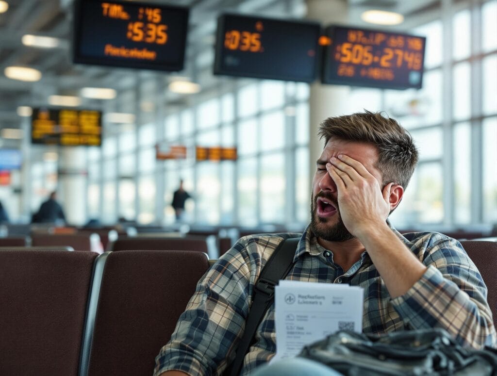 7 Common Circadian Rhythm Sleep Disorders: Causes & Treatments 14 A tired traveler in an airport, rubbing their eyes while digital clocks in the background display different time zones—representing jet lag disorder.