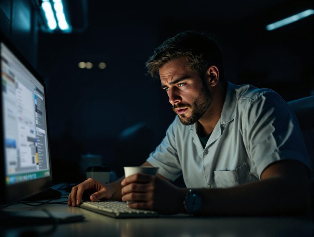 7 Common Circadian Rhythm Sleep Disorders: Causes & Treatments 13 Exhausted night shift worker with dark circles drinking coffee under artificial light, struggling with shift work sleep disorder.