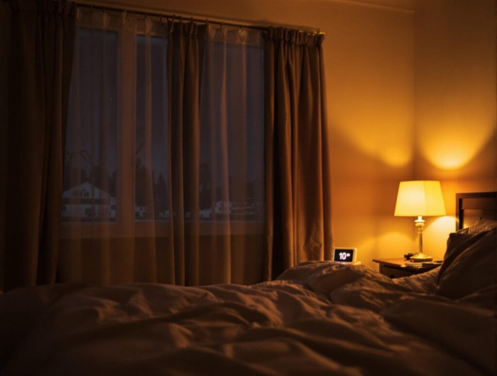 7 Common Circadian Rhythm Sleep Disorders: Causes & Treatments 15 A peaceful bedroom with dim lighting, a person putting away their phone before bed, and a digital clock showing 10 PM—promoting good sleep hygiene.