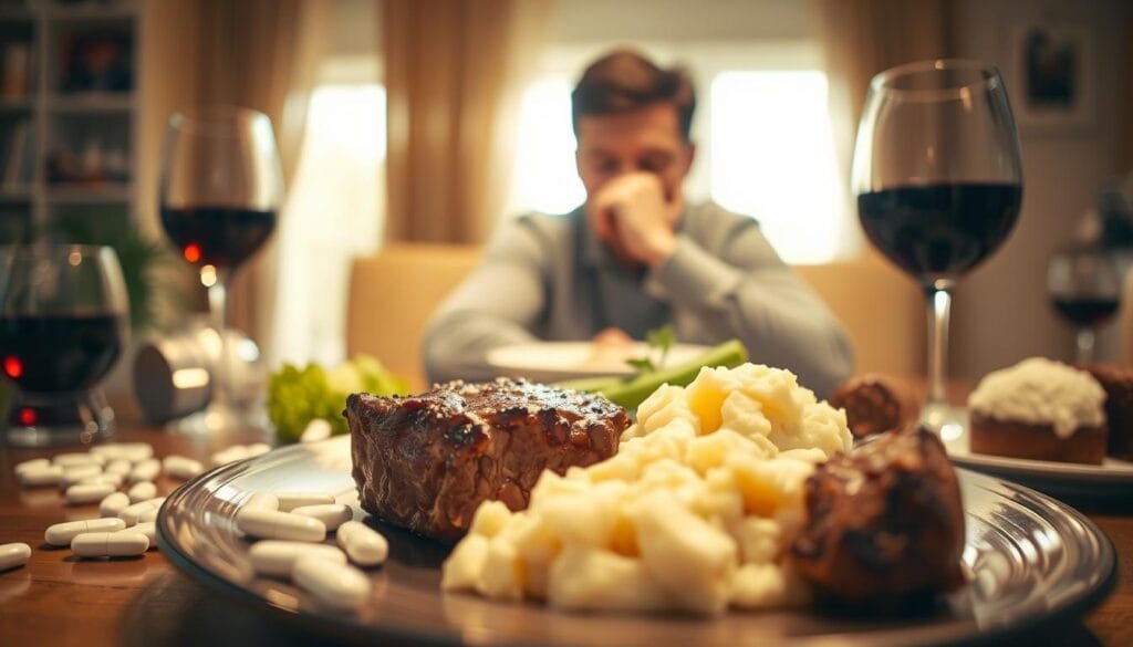 A brightly lit, closeup scene depicting various causes of fatigue after eating. In the foreground, a plate showcasing a hearty meal - a juicy steak, fluffy mashed potatoes, and steamed vegetables. Surrounding the plate, scattered medicinal pills, a glass of wine, and a dessert item like a rich chocolate cake or ice cream. In the middle ground, a person sitting at a table, their head resting on their hand, with a visibly weary expression. The background blurred, but hinting at a comfortable home environment. Warm, golden tones throughout, creating a cozy, contemplative atmosphere. The image conveys the idea of various factors, both dietary and lifestyle-related, that can contribute to feeling sleepy or fatigued after a meal.
