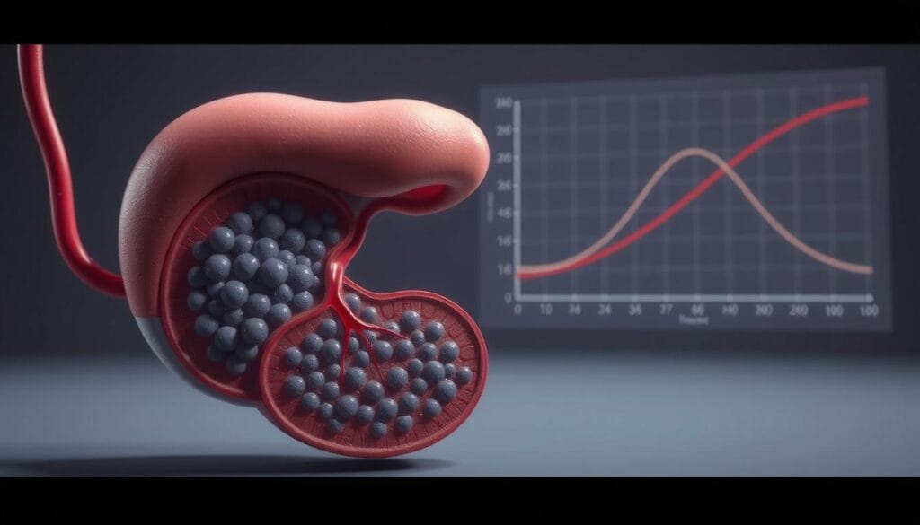 A detailed anatomical illustration showcasing the intricate interplay between blood sugar regulation and insulin production. In the foreground, a cross-section of the pancreas is prominently displayed, revealing the islets of Langerhans and the beta cells responsible for insulin secretion. The middle ground features a stylized circulatory system, with red blood vessels carrying glucose-rich blood. In the background, a graphical representation of the glycemic curve, highlighting the delicate balance between blood sugar levels and insulin response. The scene is rendered in a muted, scientific color palette, evoking a sense of analytical precision. Soft, directional lighting casts subtle shadows, emphasizing the three-dimensional depth and anatomical accuracy of the illustration.