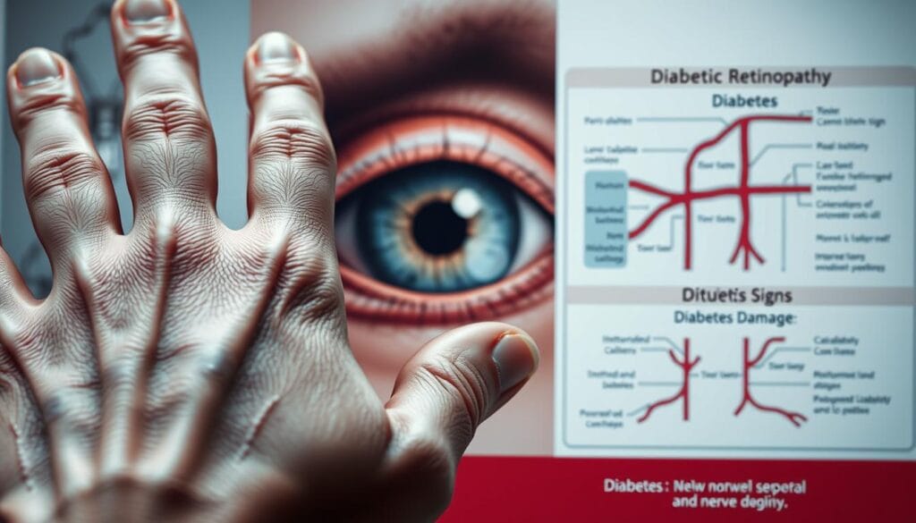 A detailed close-up view of the key physical symptoms associated with diabetes, featuring a composed arrangement of clinical medical illustrations. The foreground depicts a hand with visible venous patterns, a blister, and other skin conditions common in diabetic patients. The middle ground showcases a cross-section of the human eye, highlighting signs of diabetic retinopathy. In the background, a schematic diagram outlines the impact of diabetes on the circulatory system, including narrowed blood vessels and nerve damage. The overall composition is rendered with a muted, clinical color palette and soft, even lighting to convey a sense of medical authority and seriousness.